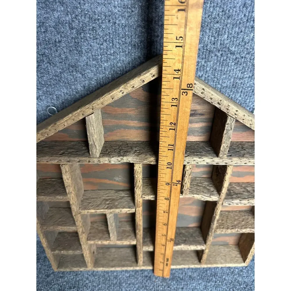 Vintage primitive wood trinket shelf house shape knick knacks display rustic 16”